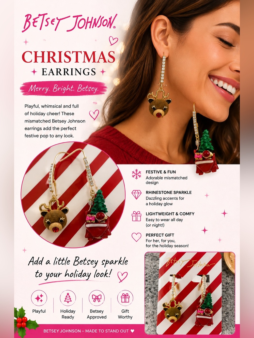 Betsey Johnson Christmas Mismatched Reindeer & Tree Earrings - Gold, Red, Green